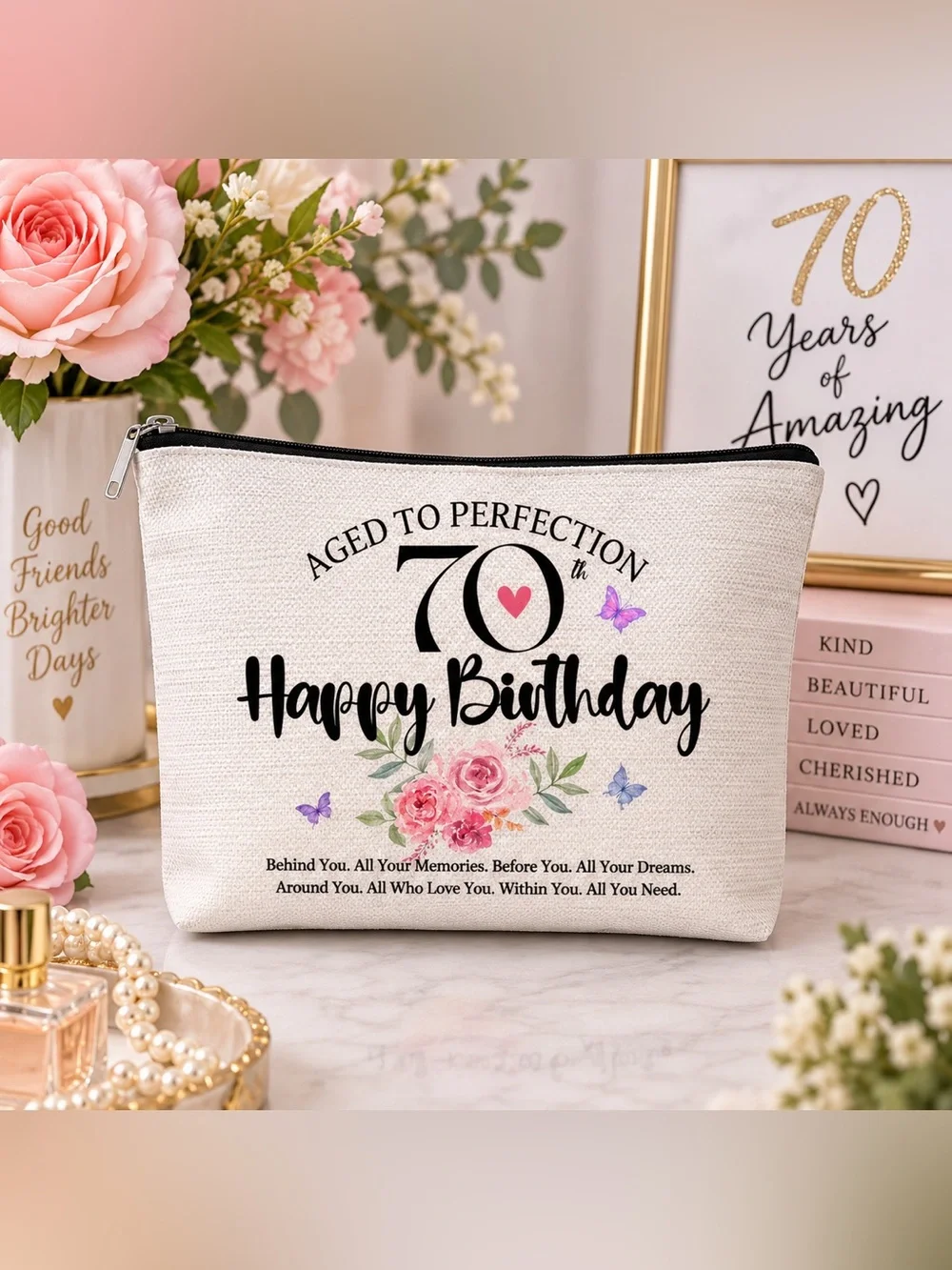 70th Birthday “Aged to Perfection” Cosmetic & Travel Zipper Pouch – Floral